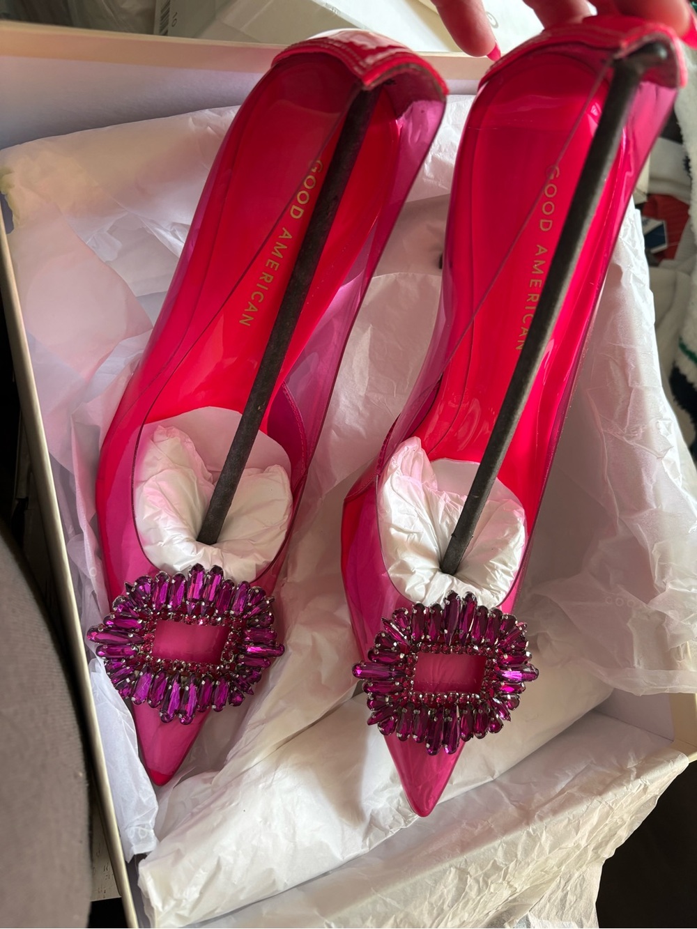 Good American Hot Pink PVC Pointed Toe Stiletto Heels with Crystal Brooch NO BOX - Picture 2 of 4
